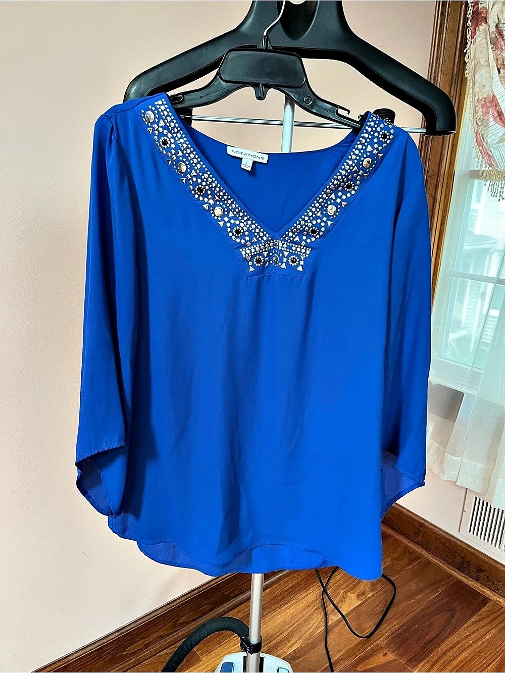Notations Blue Embellished V-Neck Blouse